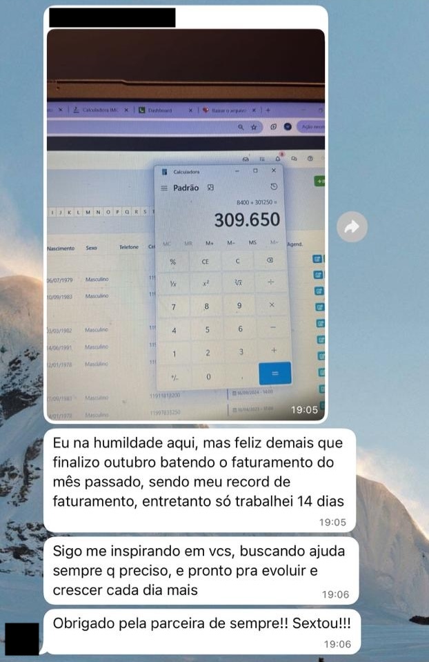 Print de mensagem de participante do VLE Club relatando resultado — 15 de 47
