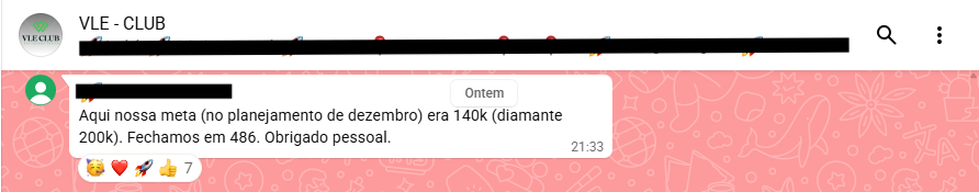 Print de mensagem de participante do VLE Club relatando resultado — 2 de 47