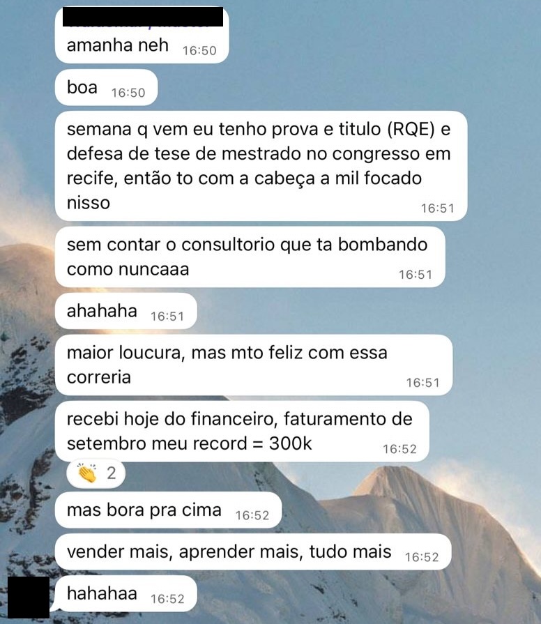 Print de mensagem de participante do VLE Club relatando resultado — 24 de 47