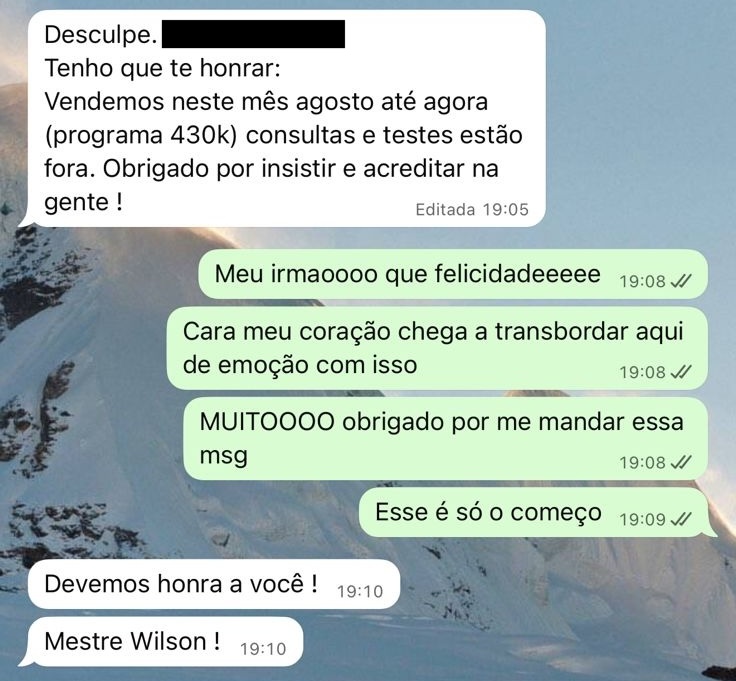 Print de mensagem de participante do VLE Club relatando resultado — 46 de 47