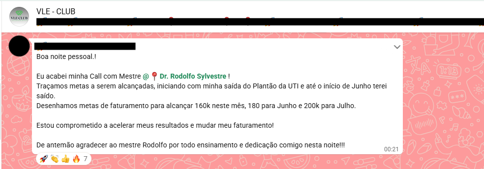 Print de mensagem de participante do VLE Club relatando resultado — 6 de 47
