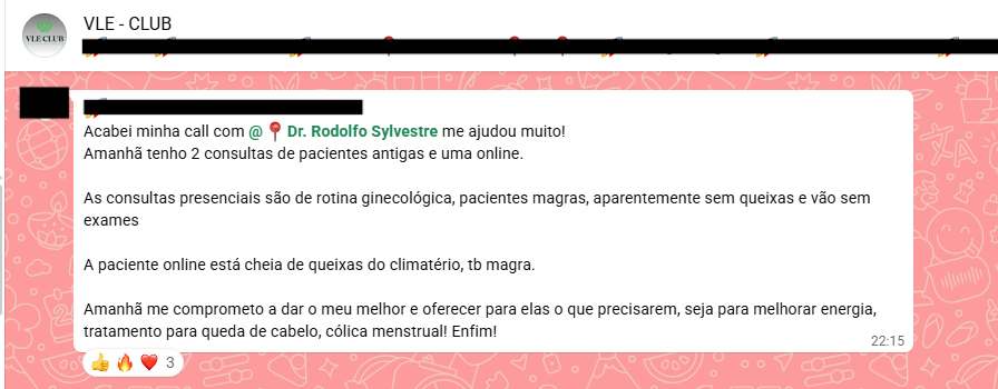 Print de mensagem de participante do VLE Club relatando resultado — 7 de 47